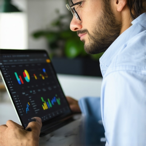 Small business owner reviewing SEO metrics on laptop, focusing on cost-effective local marketing.