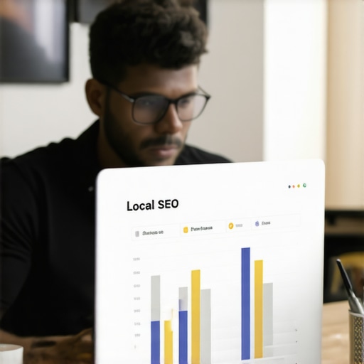 Small business owner reviewing SEO analytics on a laptop.