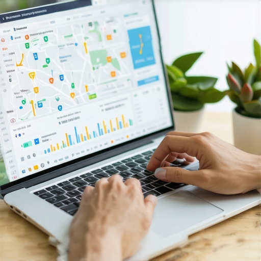 Person analyzing local SEO data on a laptop with maps and charts