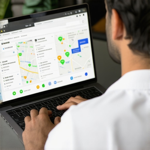 Small Business Owner Analyzing Local SEO Results Business owner reviewing local SEO performance on laptop with maps and analytics
