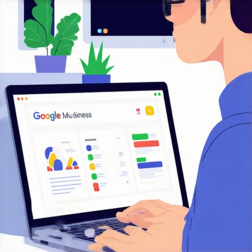 Small business owner working on local SEO strategies using a laptop and Google My Business dashboard.