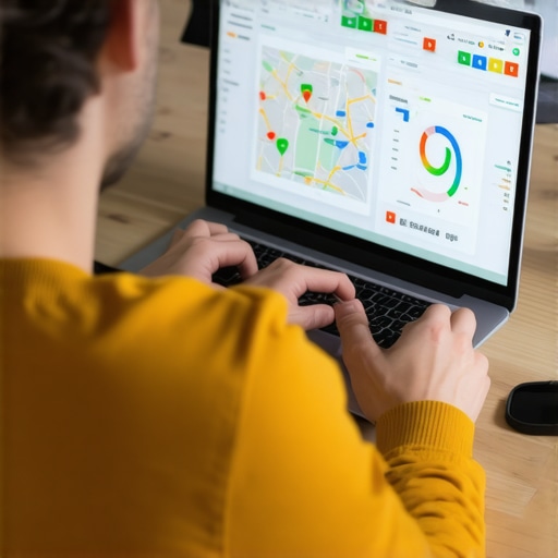 Business owner reviewing SEO analytics on laptop with charts and maps.