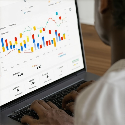 Business owner reviewing Maps ranking progress on a laptop with charts.