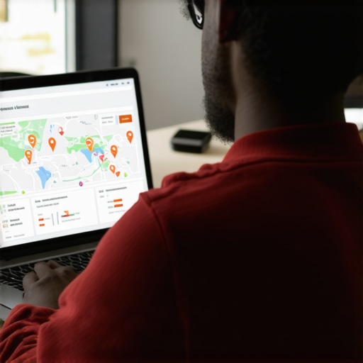 Business owner analyzing maps and SEO results on a laptop