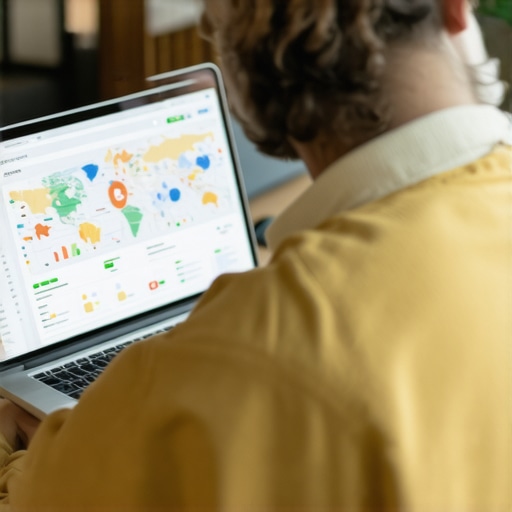 Small Business Owner Analyzing Local SEO Data Business owner reviewing local SEO performance on laptop with maps and analytics charts.