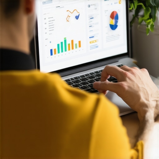 Business owner reviewing SEO analytics on a laptop with charts and graphs