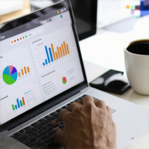 Digital marketer analyzing SEO dashboard with charts and analytics