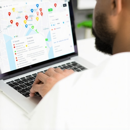 Business owner analyzing local SEO strategies with maps and keywords on their laptop screen.
