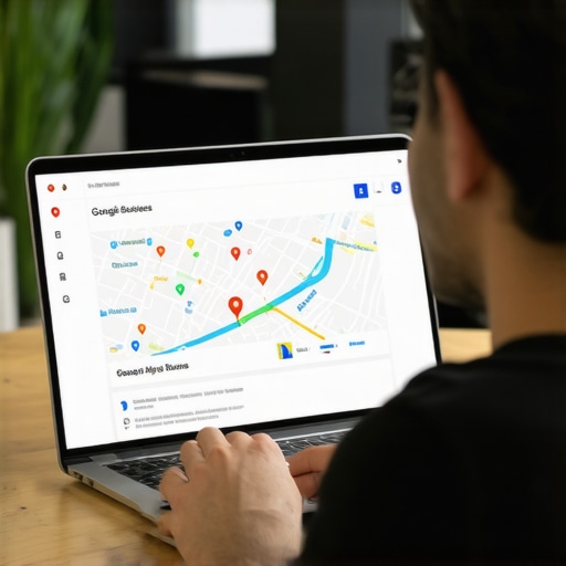 Business owner optimizing local business listing on a laptop with map interface