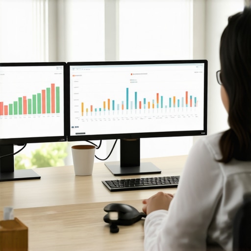 Person analyzing local SEO performance using analytics software on multiple screens.