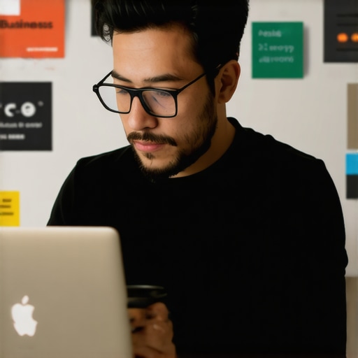 Business owner optimizing Google My Business profile on a laptop surrounded by local shop signs