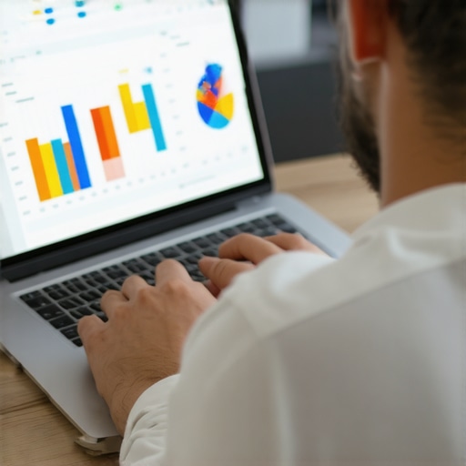 Business owner reviewing SEO analytics on laptop with charts.