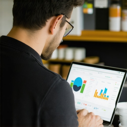 Small business owner analyzing local SEO data on a laptop in their storefront.