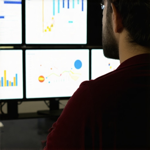 A professional analyzing local SEO data on computer screens in a contemporary office