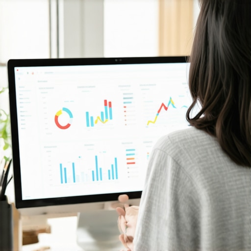 An individual reviewing local SEO metrics on a laptop with charts and maps in the background.