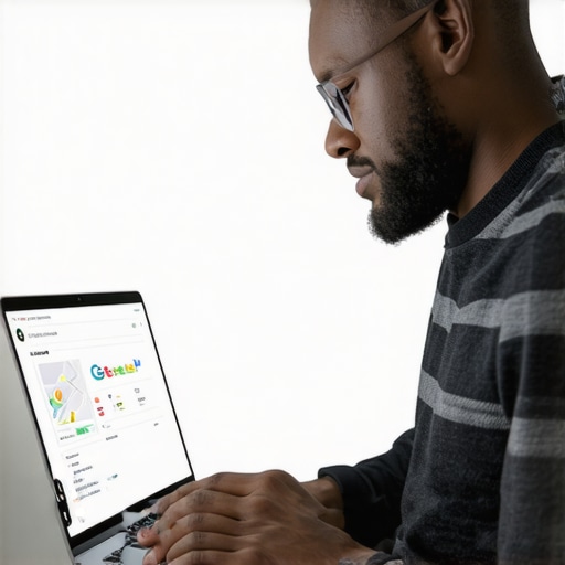 Business owner updating local citations on a laptop with maps in the background.