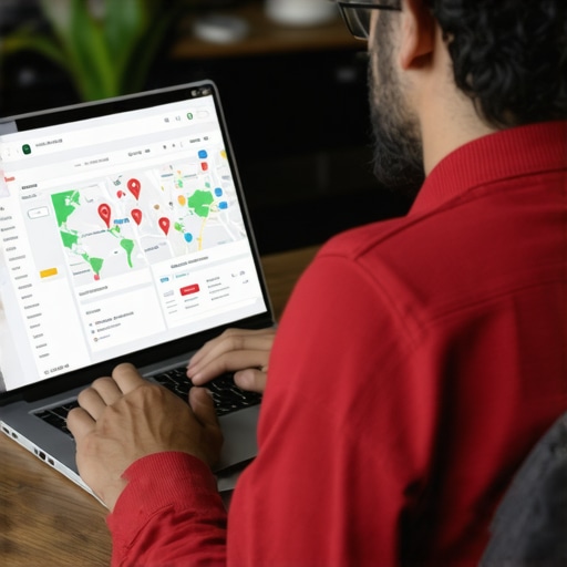 Business owner reviewing local SEO metrics on a laptop, focusing on maps ranking and citation strategies.