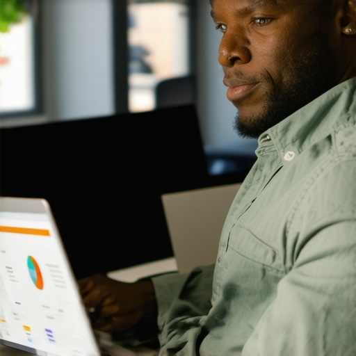 Business owner analyzing local SEO metrics on a laptop to ensure sustained map ranking success.