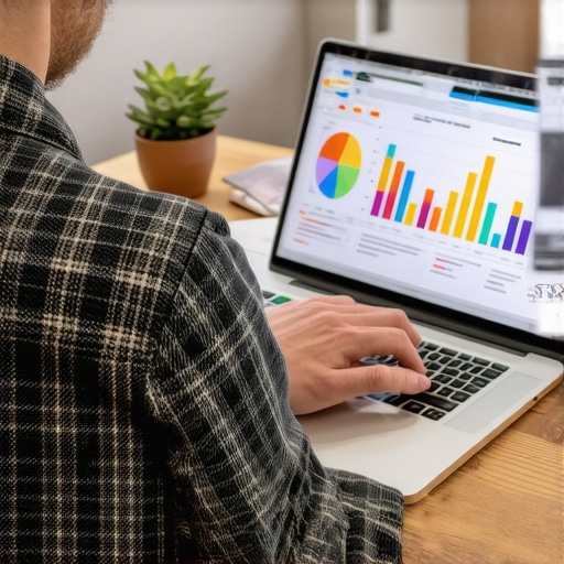 Business owner reviewing SEO and marketing data on laptop.