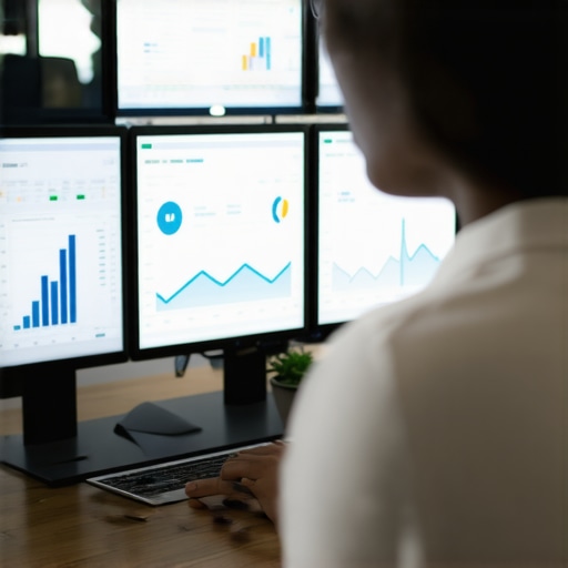 Digital marketer monitoring local search rankings on multiple screens