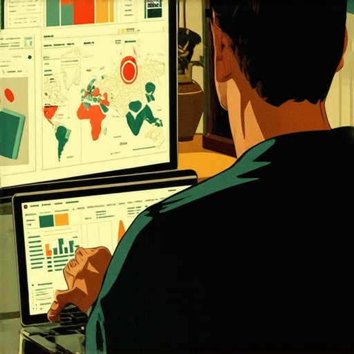 Small business owner reviewing SEO data on laptop with maps and graphs.