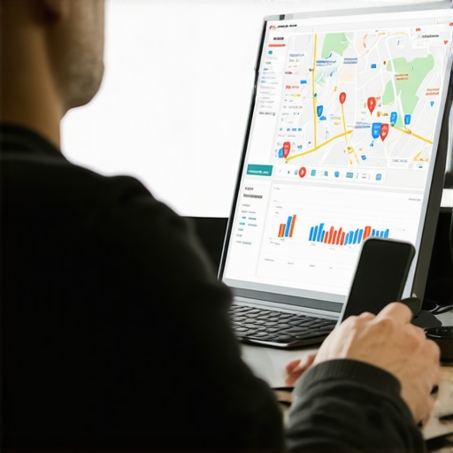 Person overseeing local SEO metrics with charts and maps on computer screen.