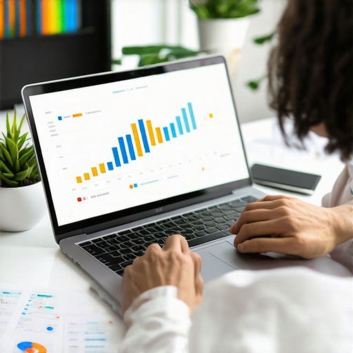 Person analyzing SEO metrics on a laptop with various digital marketing tools on the desk.