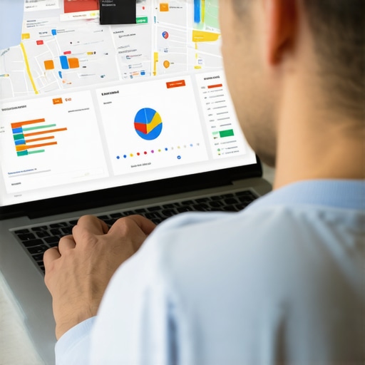 Individual reviewing local SEO analytics and maps on a computer screen