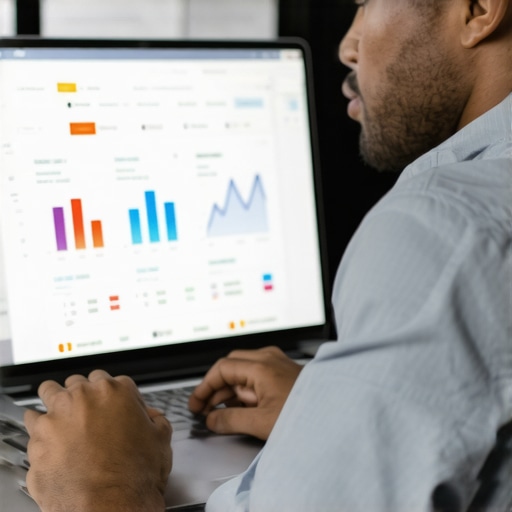 Business owner reviewing local SEO performance on a laptop with charts and keywords.