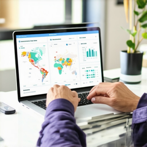 Person reviewing SEO and map rankings on a laptop with charts and maps