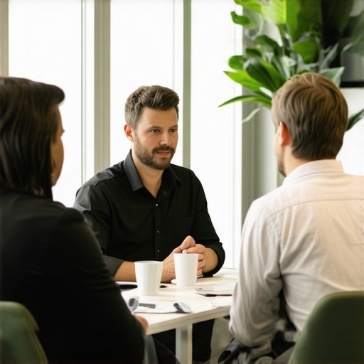 Business owner consulting with an SEO expert over strategies in an office setting.