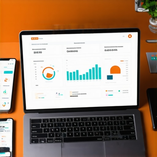 SEO Tools and Dashboard Setup Desk with laptop displaying SEO analytics and citation management tools.