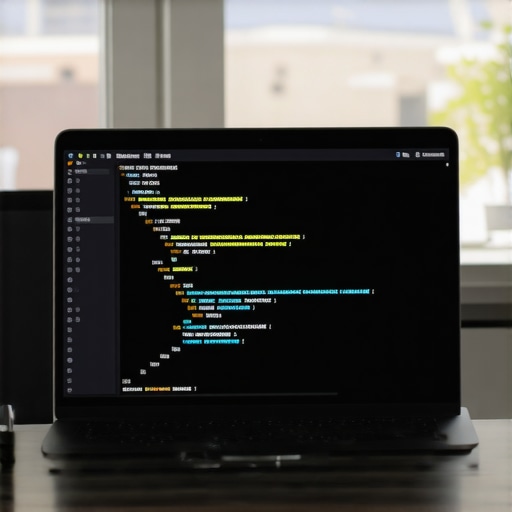 A workspace with a laptop displaying local SEO analytics and schema markup code.